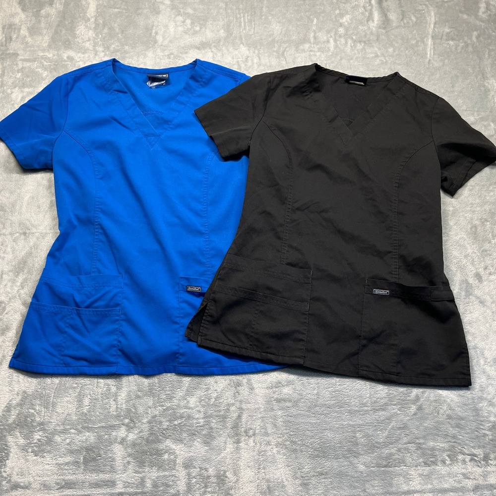 Sanibel Scrubs V-Neck Tops Womens‎ Blue Black 2-Pack Short Sleeve Pocket Small